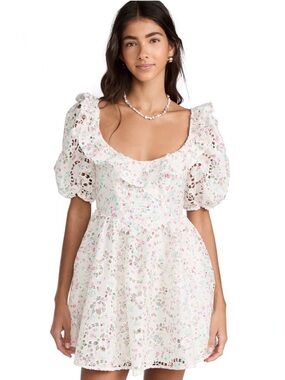 FOR LOVE & LEMONS White Magnolia Floral Eyelet Puff-Sleeve Mini Dress XS NWT